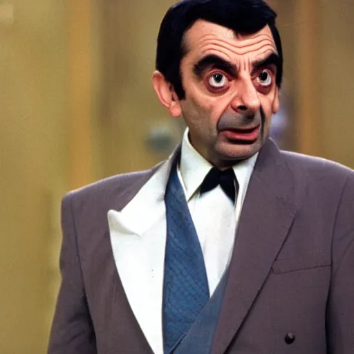 Prompt: a still of mr bean as a supervillian in the 1 9 8 0 s