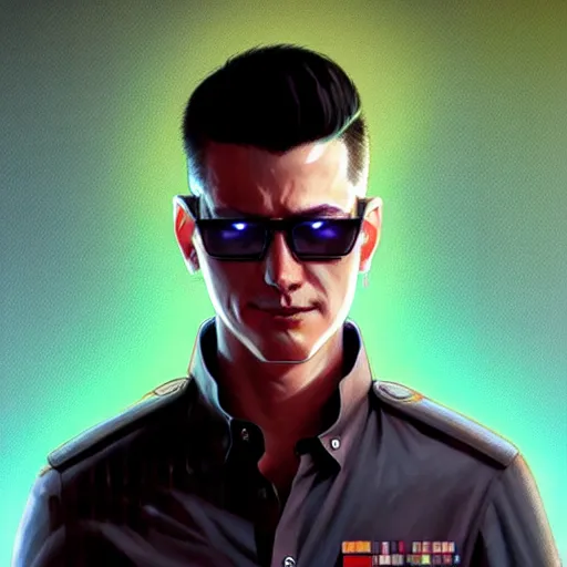 Prompt: detailed character full body portrait of a skinny buzz undercut androgynous handsome federal government agent smirking sunglasses white button down shirt tactical bulletproof kevlar on smoky neon background artgerm greg rutkowski mucha