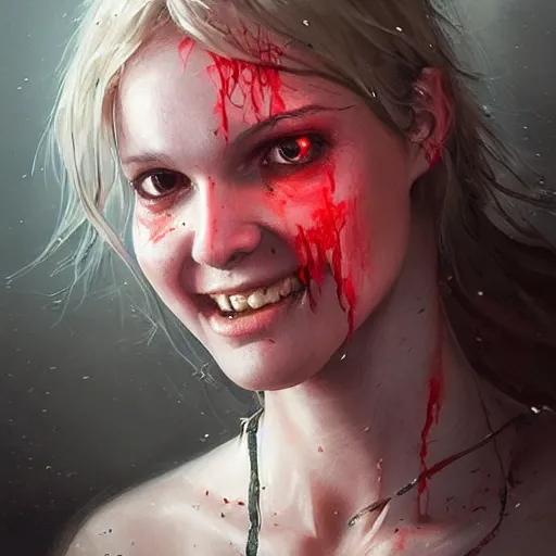 Image similar to epic portrait of a beautiful girl with an unnaturally wide smile, high detail, horror smile, sharp focus, beautiful!, scary!, bloody, dewy skin, ethereal, painting, concept art, warm lighting, greg rutkowski