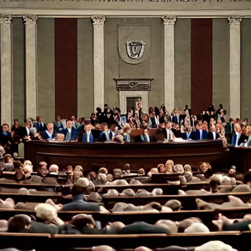 Prompt: Cinematic shot of a Deathclaw testifying to congress, 8k, detailed,