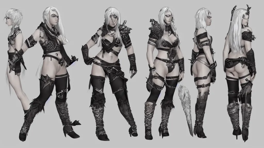 Image similar to a fantasy female barbarian with white hair character design sheet, trending on artstation