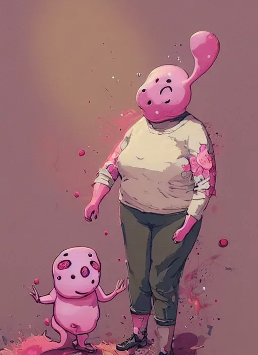 Image similar to mr blobby visiting his gran, by greg rutkowski, by greg, tocchini, by james gilleard, by joe fenton, by kaethe butcher, gradient yellow, pink, brown and white color scheme, grunge aesthetic!!! ( ( silly background ) )