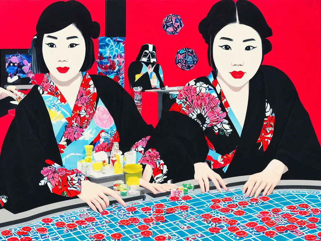 Image similar to hyperrealistim composition of the detailed single woman in a japanese kimono sitting at a extremely detailed poker table with darth vader, fireworks, river on the background, pop - art style, jacky tsai style, andy warhol style, acrylic on canvas