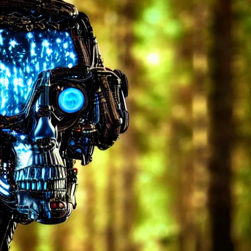 Prompt: extremely detailed portrait of a terminator's head, packed with cybernetics and and borg enhancements and has lit optic fibers inside. In a forest with bokeh. No plating.