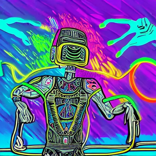 Prompt: wrestlers wearing vr headsets, vr goggles, shrugging, shrugging arms, intricate complexity, inverted neon rainbow drip paint, trending on art station, digital illustration by matthew skiff