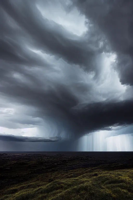 Image similar to a stunning landscape by daniel kordan, stormy weather, extreme detail photo quality, dark moody colors, featured on behance