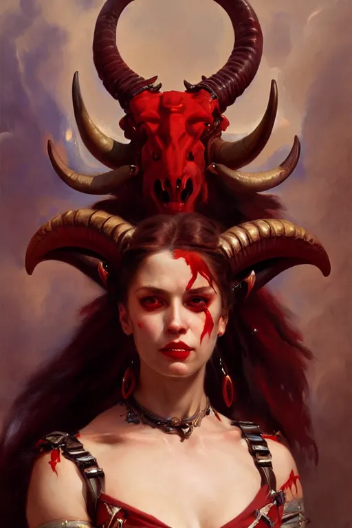 Image similar to painted close - up portrait of a attractive red - skinned intimidating demon cyborg girl with ram horns! oil painting, wearing a noblewoman's outfit, fantasy art by john singer sargent and gaston bussiere and james jean and greg rutkowski, demon noble character design, hd