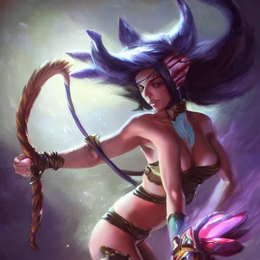 Image similar to nidalee from league of legends, paint by Raymond Swanland