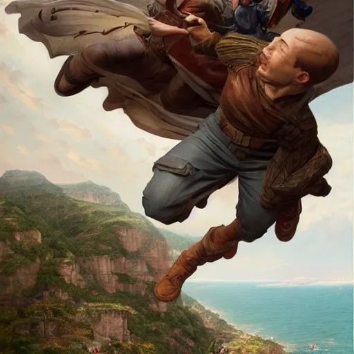 Image similar to a flying man catching a child that is falling from a cliff. photorealistic. realism. 4 k wideshot. cinematic. unreal engine. masterpiece. rule of thirds. beautiful. marc simonetti. jc leyendecker