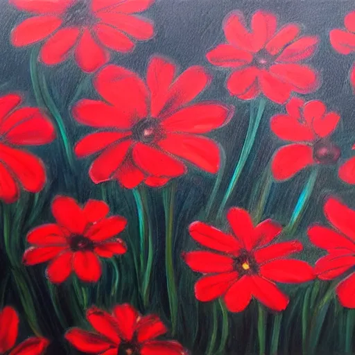 Prompt: oil painting of many various red flowers painted on a black background, the flowers are floating, dark atmosphere, realistic flowers oil painting