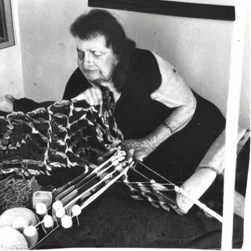 Prompt: a photo of my grand mother doing heavy-Metal knitting