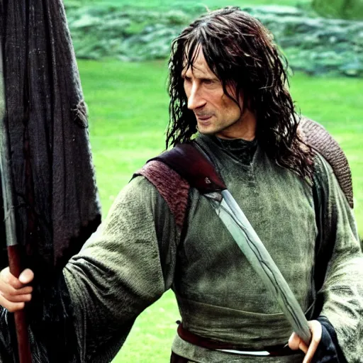 Image similar to a close shot of robert lewandowski as aragorn in the lord of the rings movie,,, fantasy, lord of the rings, movie screen shot