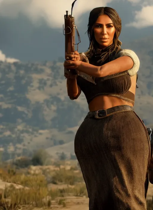 Image similar to film still of kim kardashian as Sadie Adler in rdr2.