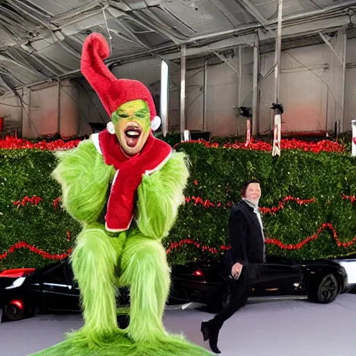 Image similar to elon musk cosplaying as the grinch, elon musk wearing a grinch costume, cosplay award winner