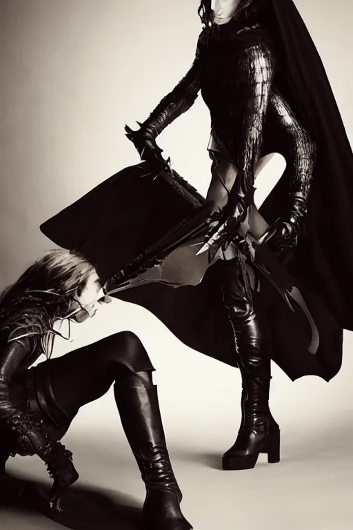 Image similar to keira knightley dressed as a dnd rogue wearing a black cape and high leather boots, cosplay, photo shoot, studio lighting, portrait by bruce weber