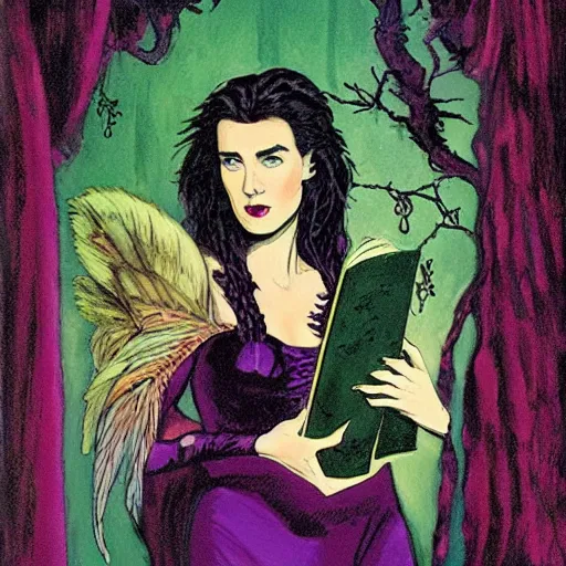 Image similar to young jennifer connelly as odile, gothic dark fae disney villain with black feathers instead of hair, wearing black and purple jumpsuit, zero g, reading a book, feathers growing out of skin, pulp sci fi, mike mignola, david mack, romantic, comic book cover, vivid, beautiful, illustration, highly detailed, oil painting