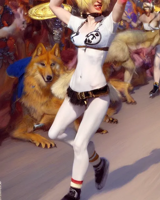 Image similar to white female anthro wolf skating at a roller derby, 4 k, furaffinity, trending on artstation, very expressive detailed face, energetic, speed, motion blur, by gaston bussiere, craig mullins, j. c. leyendecker, gustav klimt, artgerm, greg rutkowski, alphonse mucha