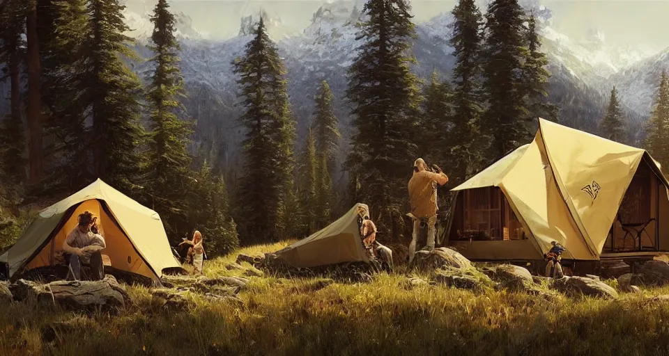 Image similar to cabela's beautiful comfortable carbon framed, modular insulated wall portable container home kit - house all weather family dwelling tent house, person in foreground, mountainous forested wilderness open fields, beautiful views, painterly concept art, environmental concept art, concept art illustration, by james gurney, by craig mullins, by greg rutkowski trending on artstation