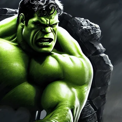 Image similar to portrait of henry cavill as the hulk from the avengers infinity war, marvel concept art, hyperrealistic, detailed, accurate illustration, dramatic lighting, action pose