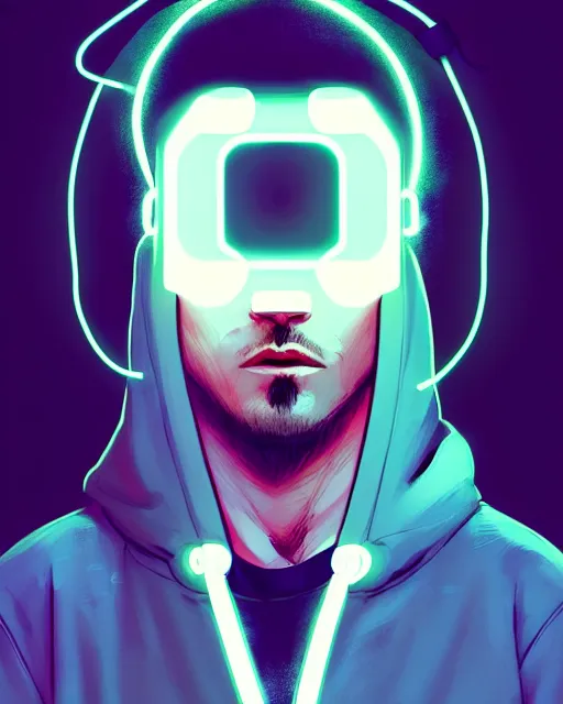 Image similar to neo - noir art style, hyper - realistic detailed portrait of a man in a hoodie, with neon visor, dynamic pose, symmetrical background, by atey ghailan, by greg rutkowski, by greg tocchini, by james gilleard, by joe fenton, by kaethe butcher, sharp focus