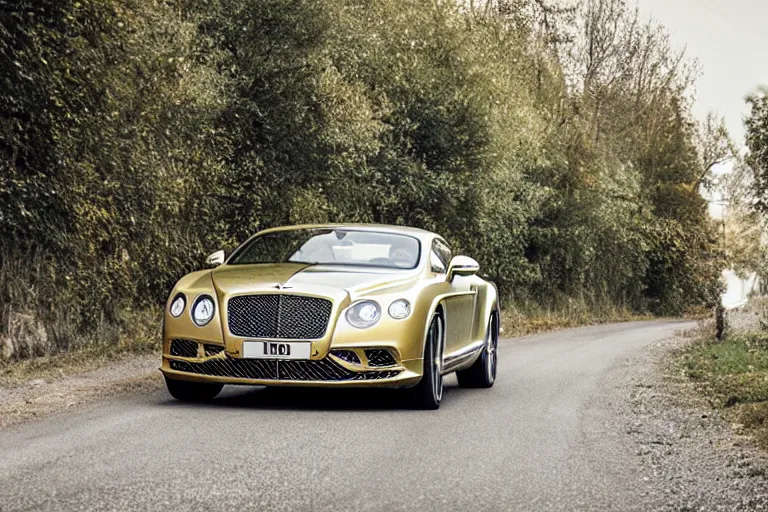 Image similar to Bentley Continental GT in shiny gold film drives along old Russian village road with houses houses around the edges