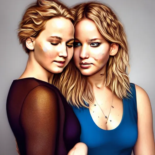 Image similar to beautiful serene intricate portrait of jennifer lawrence and jennifer lawrence, smiling softly, wearing casual clothes, chatting and laughing on the couch, interior lighting, peaceful living room interior, soft focus, 8 k, art by irakli nadar, hyperrealism, hyperdetailed, ultra realistic