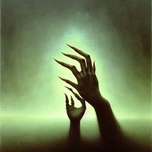 Prompt: arm reaching out of thick fog, zdzislaw beksinski