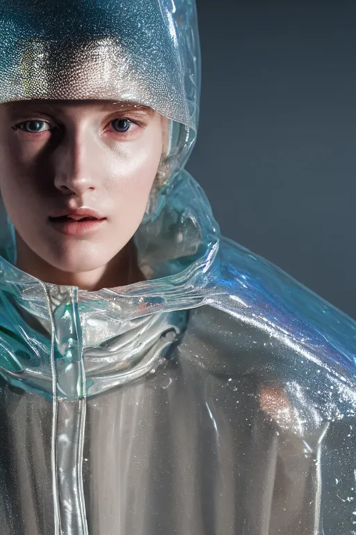 Image similar to an ultra high definition professional high fashion portrait studio full length photograph of a model wearing a transparent pearlescent raincoat and neon visor in an icelandic black rock environment at dawn. no artefacts. extremely detailed. stark. shallow depth of field. volumetric light and shadow. ray tracing. light ray.