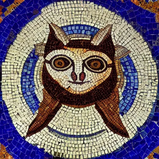 Image similar to medium shot Mosaic depicting a cute realistic adorable vampire bat big eyes, realistic wings, looking left, round blue background, from Italica, AD 176-275. Archaeological Museum, Seville. Byzantine mosaics, highly detailed, HQ, HD, beautiful, National Geographic,