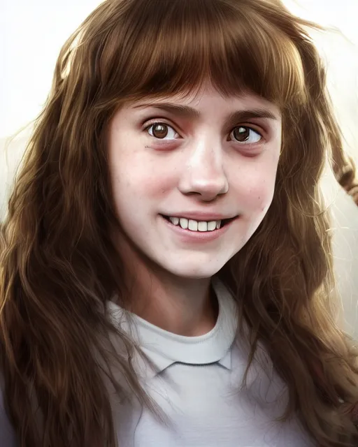 Image similar to close up portrait of 1 5 - year - old girl, smile with large front teeth, hermione granger, very bushy brown hair, and very bright brown eyes, wearing white shirt, hyper realistic face, beautiful eyes, character art, art by mark brooks, hyperdetailed, cryengine, trending on artstation, digital art