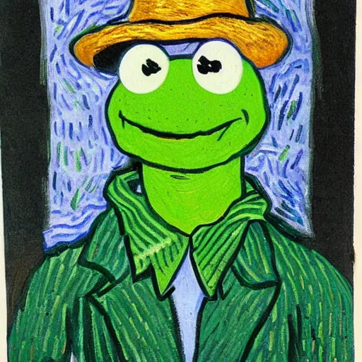 Image similar to Kermit the Frog, Van Gogh portrait, painting, detailed, visible brush strokes