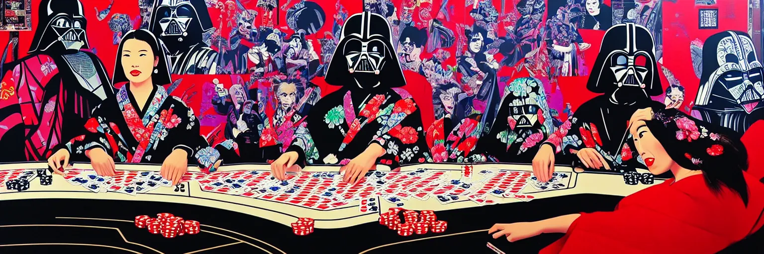 Image similar to hyperrealism composition of the detailed woman in a japanese kimono sitting at an extremely detailed poker table with darth vader, terminator, fireworks on the background, pop - art style, jacky tsai style, andy warhol style, acrylic on canvas