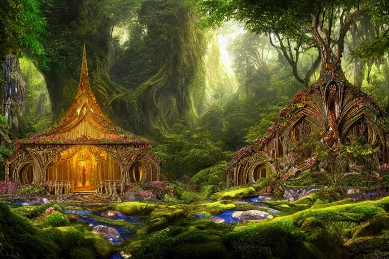 Prompt: a beautiful and highly detailed digital painting of a crystal temple in lush forest in the mountains of rivendell, psychedelic, celtic, intricate details, epic scale, insanely complex, 8 k, sharp focus, photorealism, artstation, cgsociety, by caspar friedrich, albert bierstadt, james gurney, brian froud,