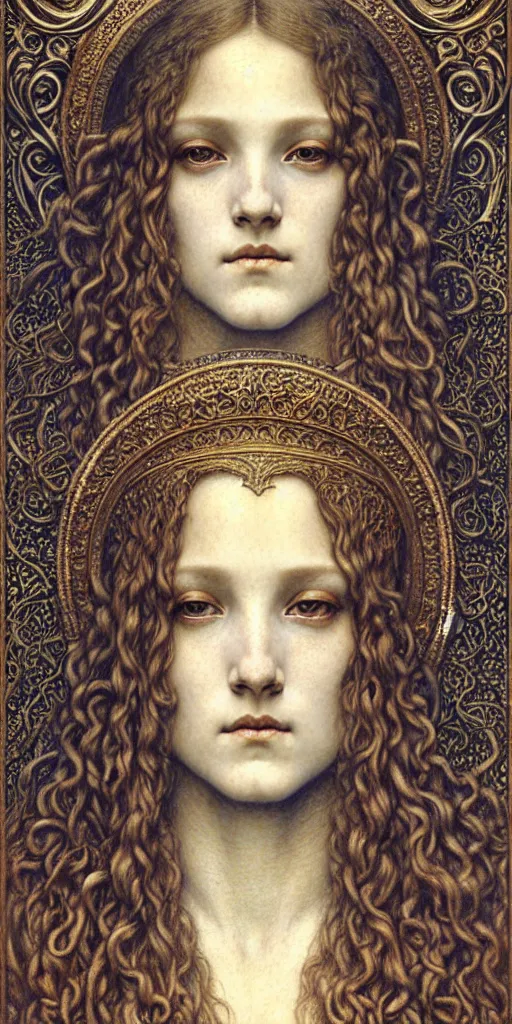 Image similar to detailed realistic beautiful young medieval queen face portrait by jean delville, gustave dore and marco mazzoni, art nouveau, symbolist, visionary, gothic, pre - raphaelite. horizontal symmetry