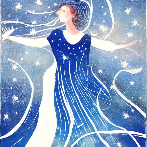 Image similar to loose, dynamic by matti suuronen. a conceptual art of a woman with wings made of stars, surrounded by a blue & white night sky. the woman is holding a staff in one hand, & a star in the other. she is wearing a billowing dress, & her hair is blowing in the wind.