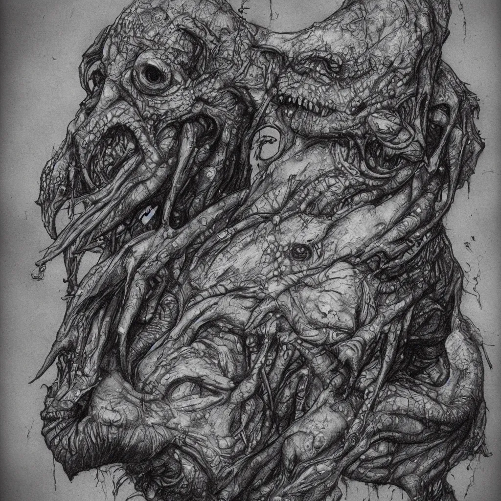 Image similar to super detailed studio portraits of innsmouth dweller concept art, innsmouth ocean - dwellers pencil sketch, mutant, fishmen, lovecraftian, hp lovecraft style, artistic photo, noir, monochrome, dark atmosphere, fine art, ink sketch