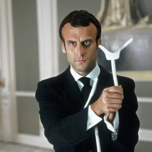 Image similar to Emmanuel Macron as a priest in American Psycho (1999)