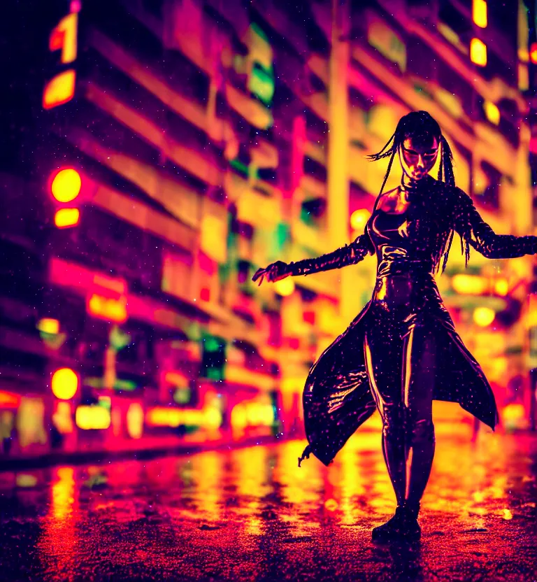 Image similar to a photo close up cyberpunk woman dancing in the rain, cyberpunk hiroshima, prefecture streets, sunset, photorealistic, cinematic lighting, highly detailed, bokeh, style by tomino - sama