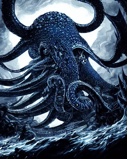 Image similar to A huge blue kraken in a vast sea, terrifying, black and white, fantasy art, monster art, in the style of masami kurumada, illustration, epic, fantasy, intricate, hyper detailed, artstation, concept art, smooth, sharp focus, ray tracing