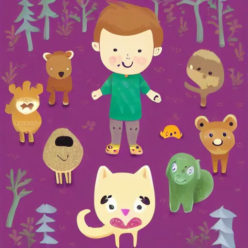 Prompt: a beautiful illustration of a little cute boy smiling in a forest and different animals circle around him, digital art