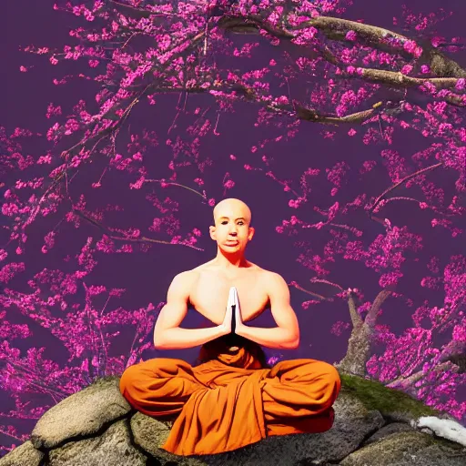 Image similar to a monk practicing yoga in front of a tibetean monastery on top of a mountain, under a cherry blossom tree, steampunk, detailed digital art