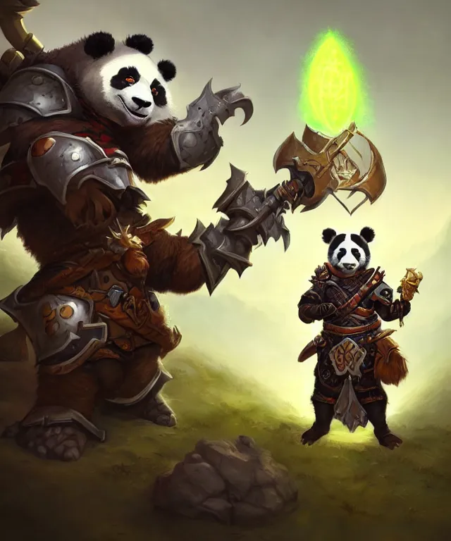 Image similar to a portrait an anthropomorphic panda paladin holding a doombringer, wearing paladin plate, landscape in background, dnd character art portrait, world of warcraft style, by peter mohrbacher, cinematic lighting