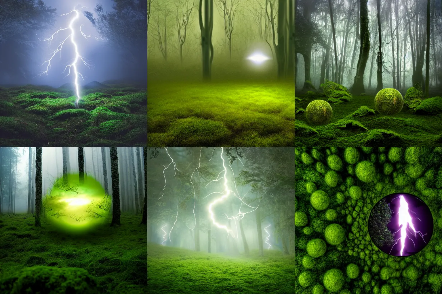 Prompt: lightning in the shape of a ball floating through a mossy forest, fog, realistic, raining