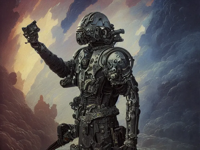 Image similar to a detailed profile painting of a bounty hunter in armour and visor, cinematic sci-fi poster. Cloth and metal. Flight suit, anatomy portrait symmetrical and science fiction theme with lightning, aurora lighting clouds and stars. Clean and minimal design by beksinski carl spitzweg giger and tuomas korpi. baroque elements. baroque element. intricate artwork by caravaggio. Oil painting. Trending on artstation. 8k