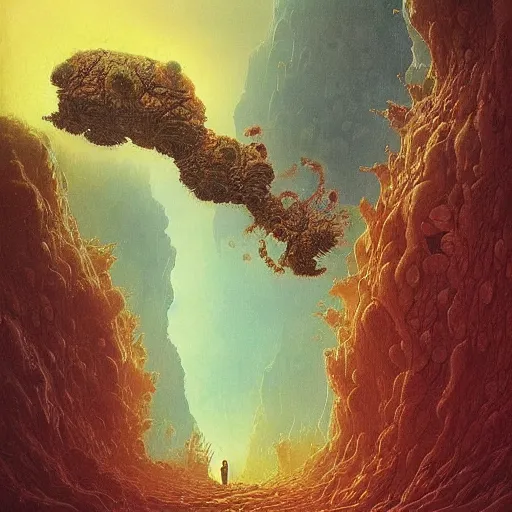 Image similar to fractal tardigrade!!! terror and horror painting tardigrade!!! descending onto an alcoholic earth, by greg rutkowski and studio ghibli, inspired by zdzisław beksinski, cinematic, atmospheric, dramatic colors, dawn.