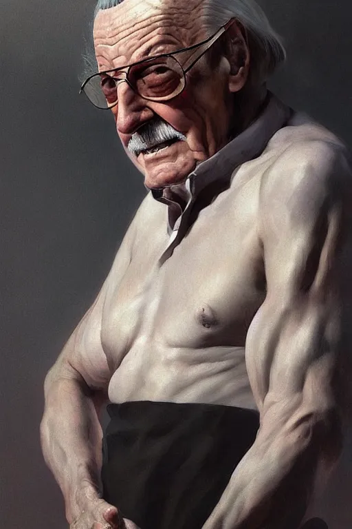 Image similar to full figure Stan Lee on a caravaggio cloudy background, intricate, elegant, highly detailed, artstation, concept art, smooth, sharp focus, illustration, , digital art from artstation, digital art from deviantart, by Stjepan Sejic, Ruan Jia, and Mandy Jurgens, and Artgerm, and william adolphe bouguereau