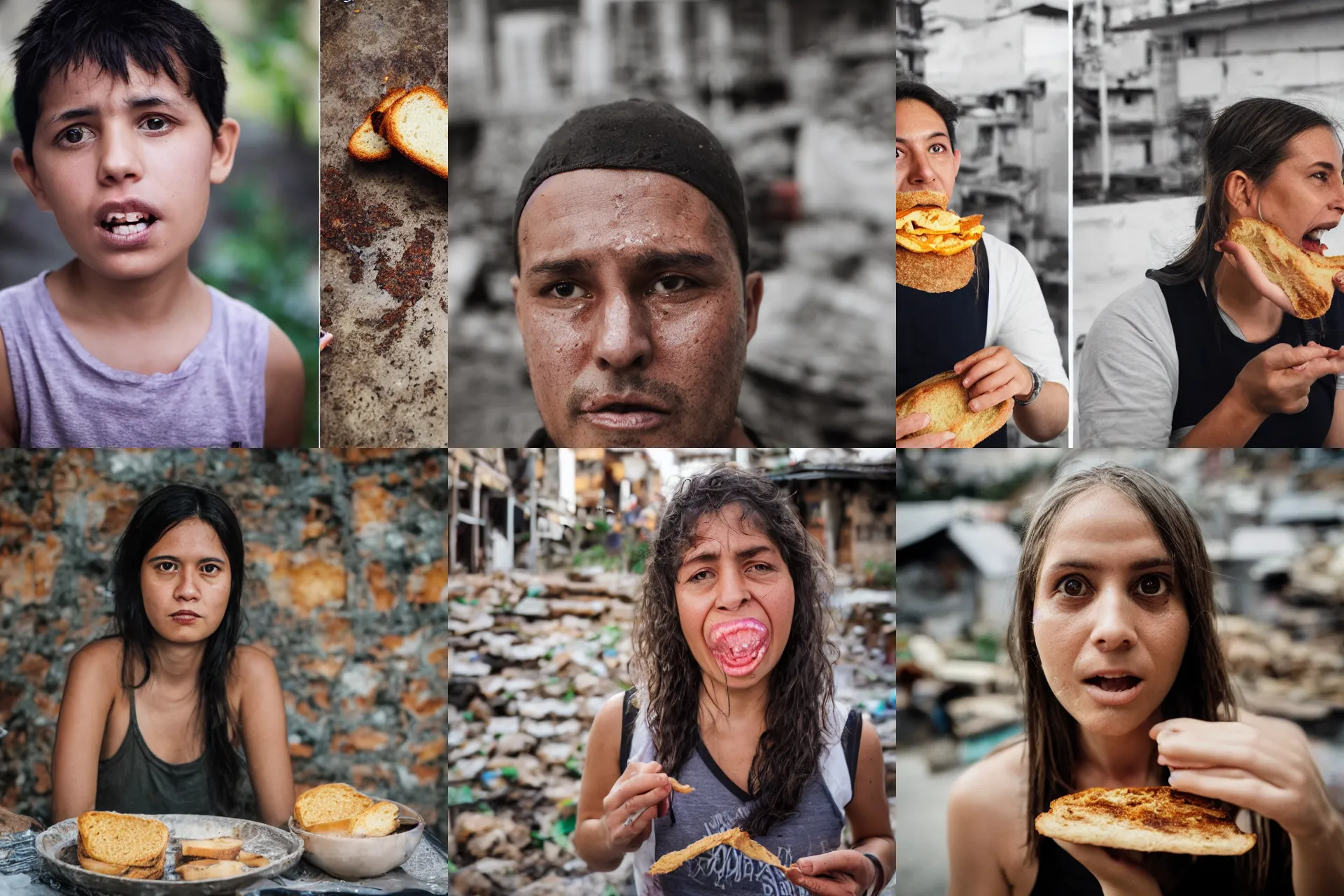 Prompt: closeup headshot photo of the person who hates bread and is eating bread angrily, favela background by Gregory Crewdson and photography by Laura Pannack, extreme details, Nikon D850, f/3.5, ISO 100