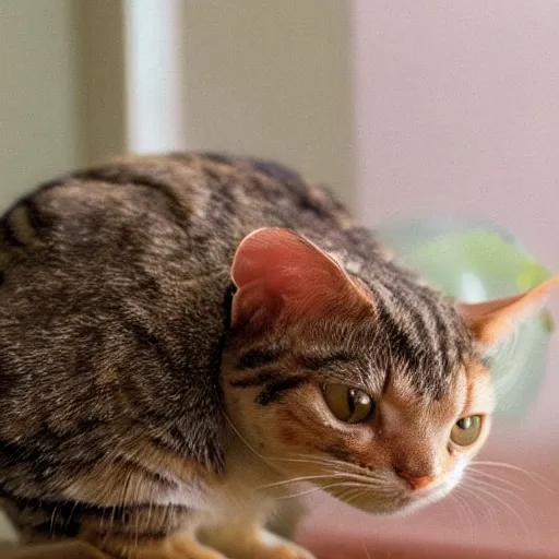 Image similar to a small domestic housecat with a broad mushroom growing atop its head