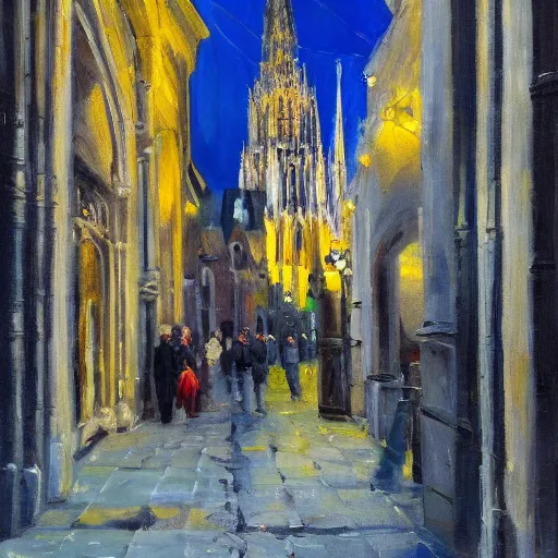 Image similar to an oil painting of Amiens, artstation, interesting lights, cathedral in background, perret