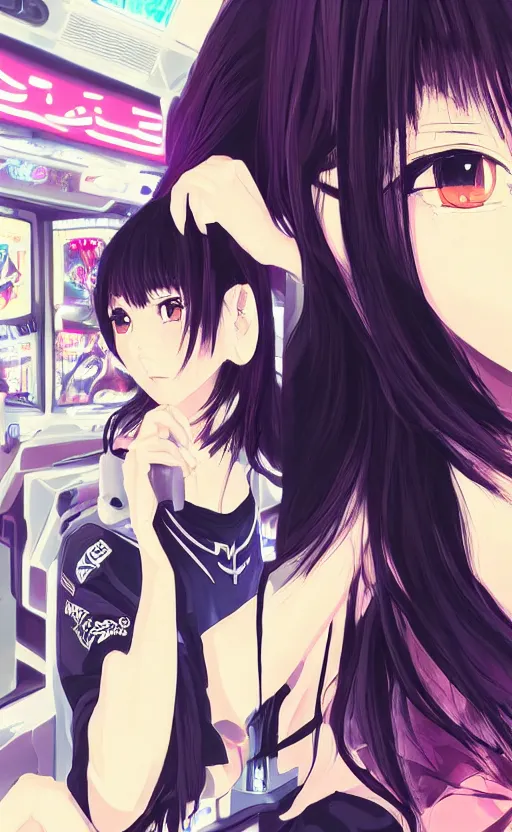 Prompt: shirt art, logo graphic design, anime style, realistic lighting, futuristic solid colors, made by ilya kuvshinov, sold on sukebannyc, front portrait of a girl, jpop clothing, sneaker shoes, arcade cabinet in background